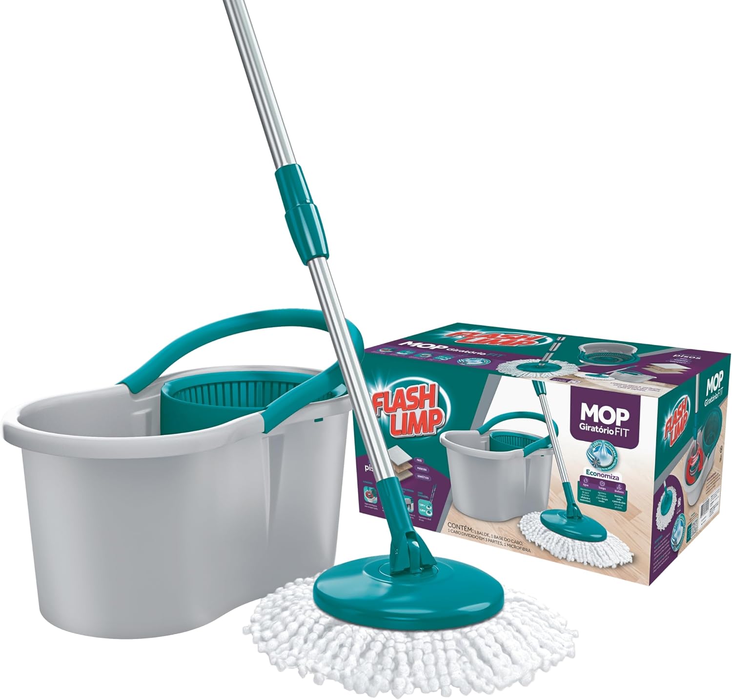 Mop FIT Giratório com 2 refis microfibra, balde com 8L, MOP5010, Flash Limp