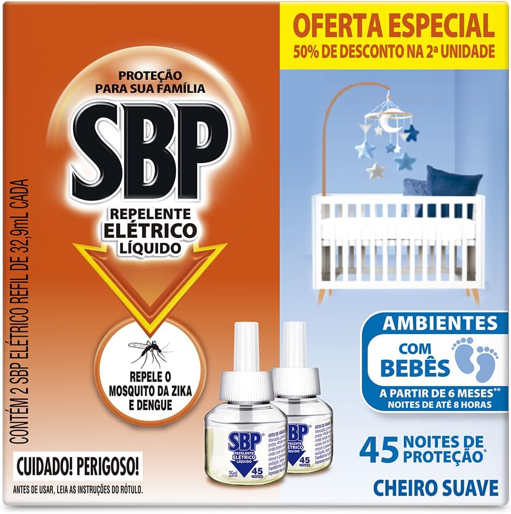 > Repelente Elétrico Líquido SBP 45 Noites Cheiro Suave com 2 unidades de 32.9ml