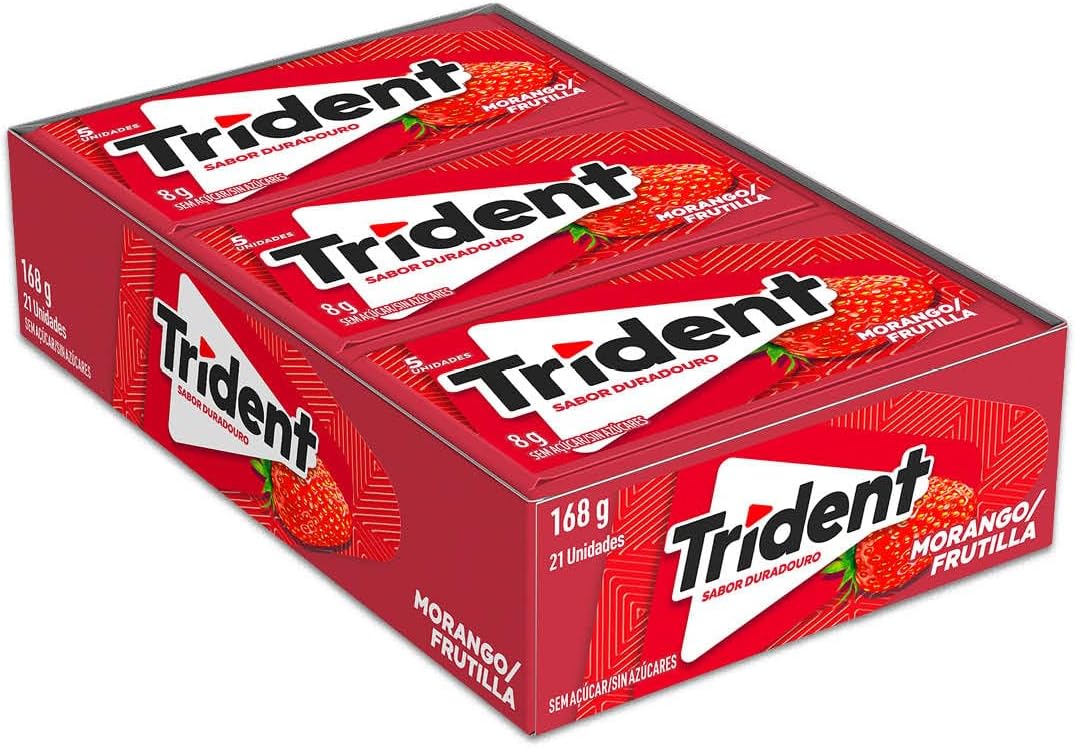 Chiclete Trident Morango Sem Açúcar - Caixa com 21 unid. de 8g