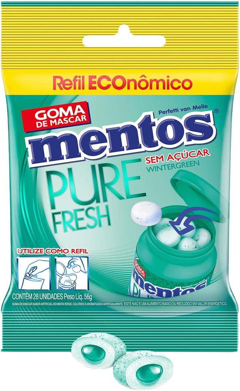Mentos Pure Fresh Wintergreen Refil - Goma de Mascar Sem Açúcar Sabor Menta Verde - 56g | 