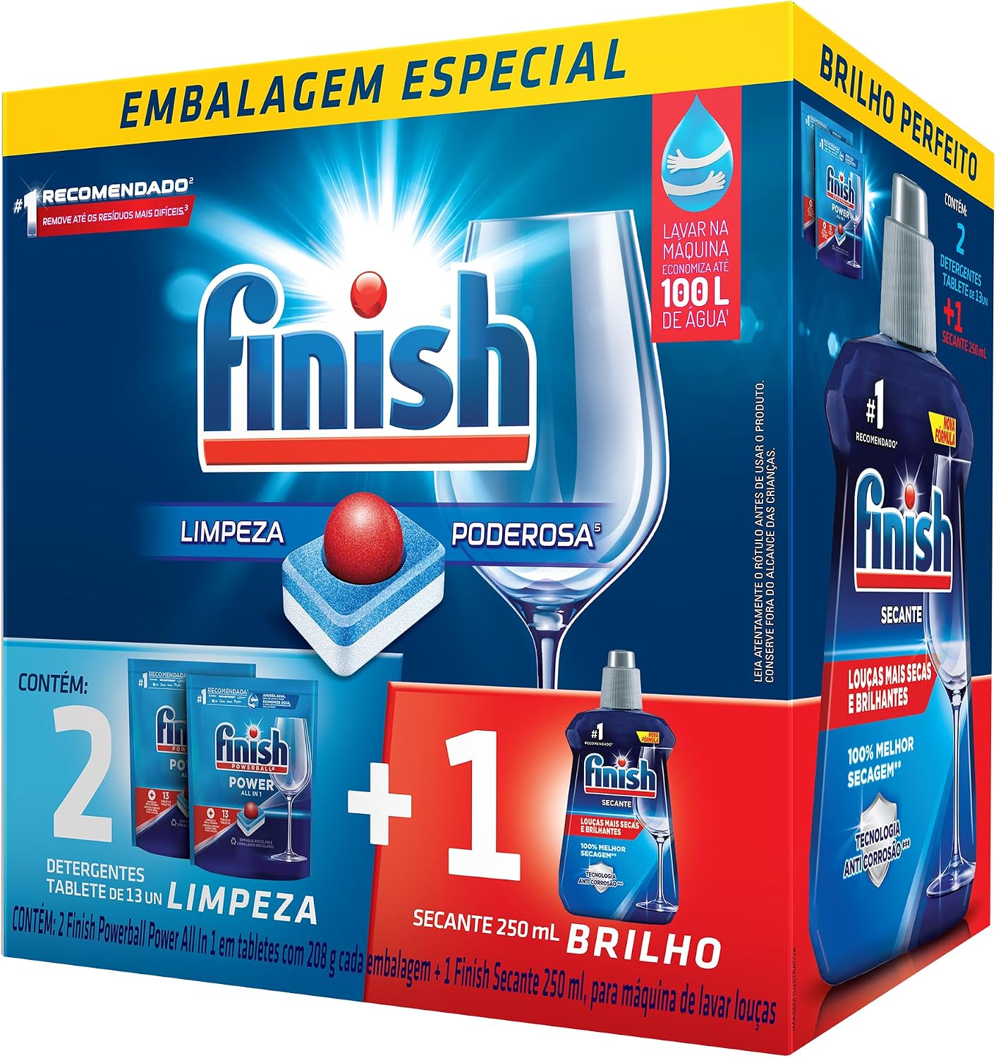 Kit 2 Detergentes Lava Louças Finish Powerball 13 tabs + 1 Finish Secante 250ml