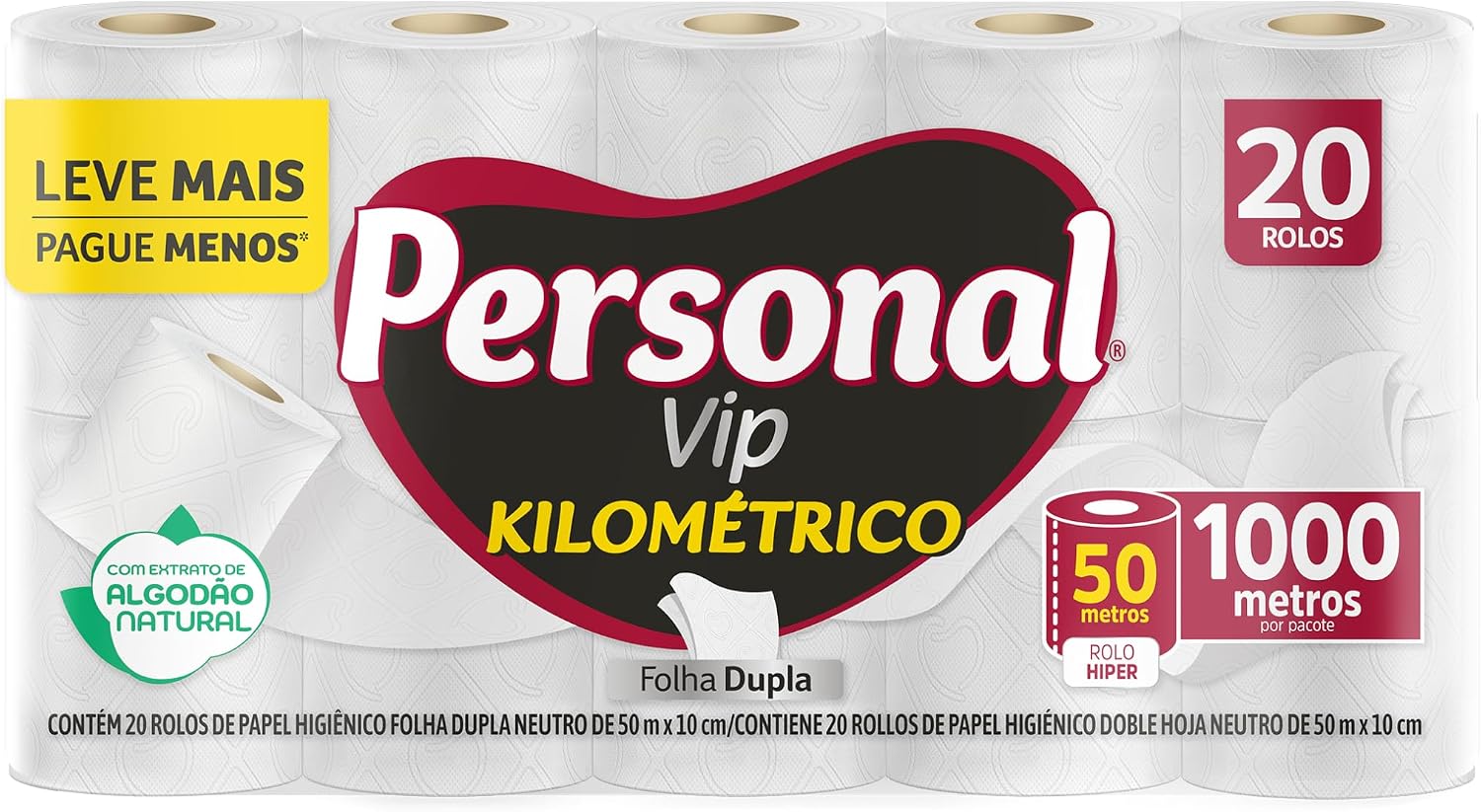 Personal Papel Higiênico Kilométrico Folha Dupla, Com 20 Rolos 50M
