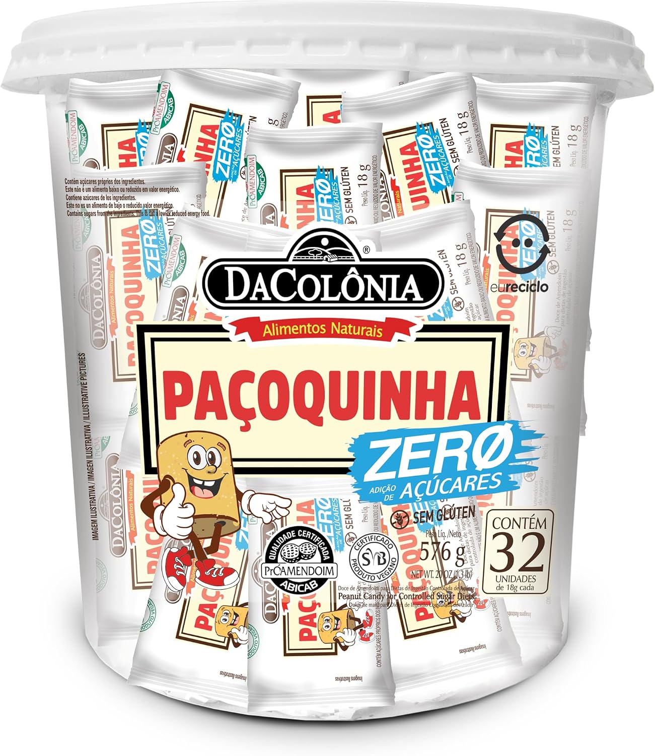 DaColônia Paçoquinha Zero Açúcar Pote 32 Unidades (18g cada)