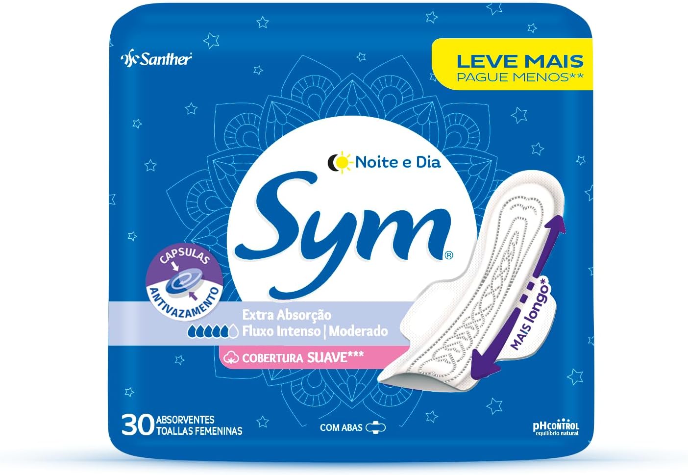 Sym Absorvente Noite&Dia Cobertura Suave Com Abas Promocional 30 Unidades