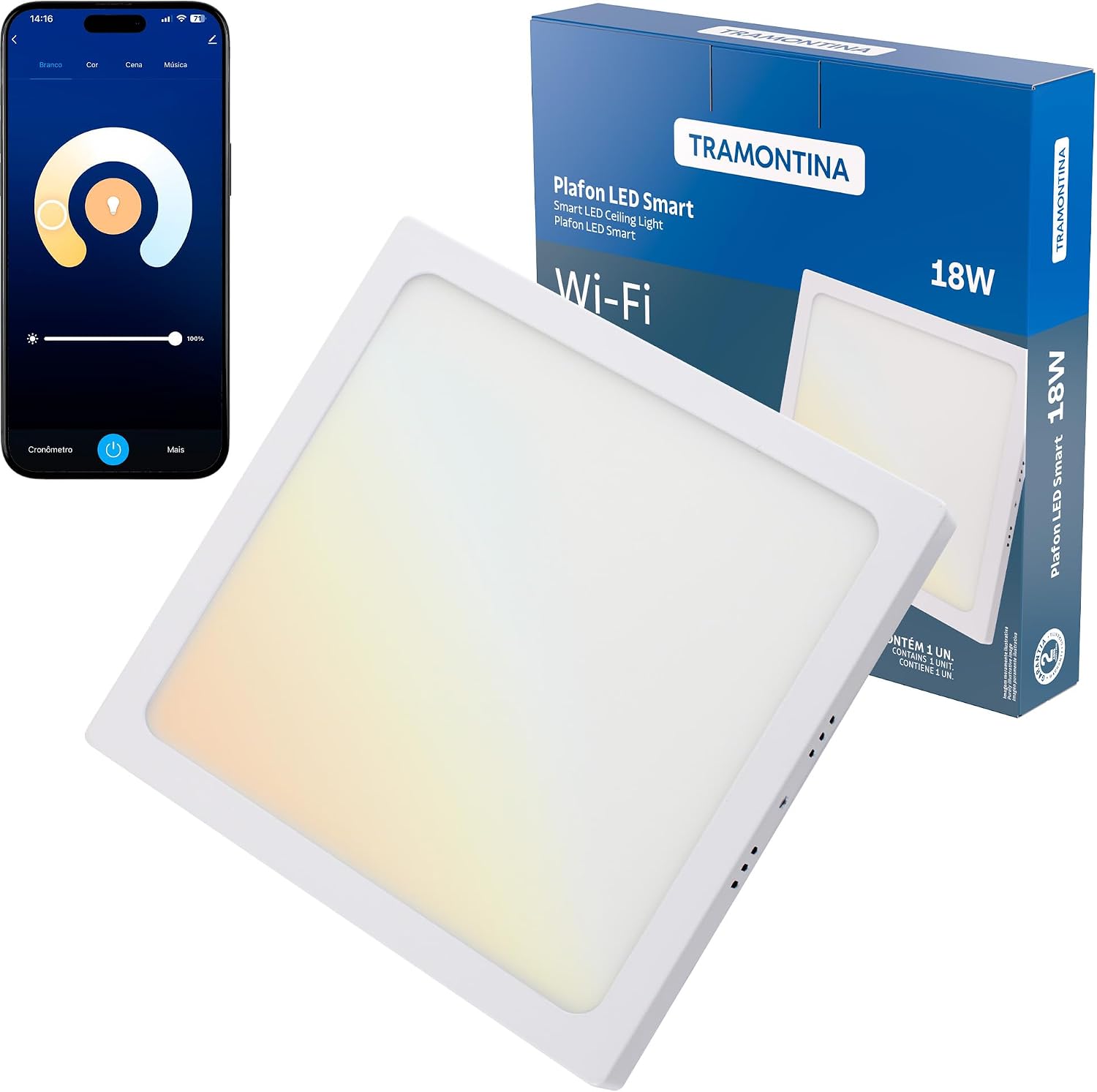 Tramontina Plafon Smart​ LED Quadrado de Sobrepor 18W Inteligente Wi-Fi + Bluetooth​