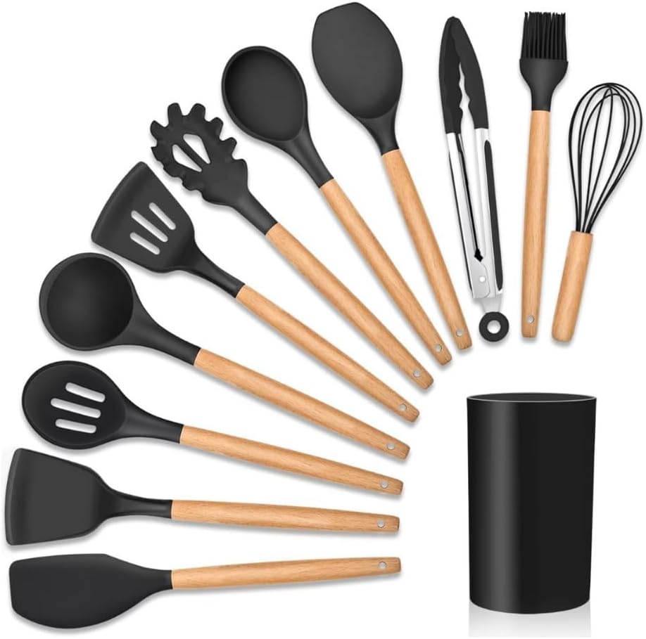 Kit 12 Utensílios De Cozinha Em Silicone E Cabo De Madeira Jogo De Utensílios Resistente a