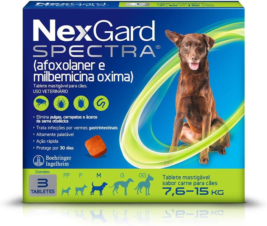 NexGard SPECTRA Antipulgas e Vermífugo para Cães 7,6 a 15kg - 3 tabletes