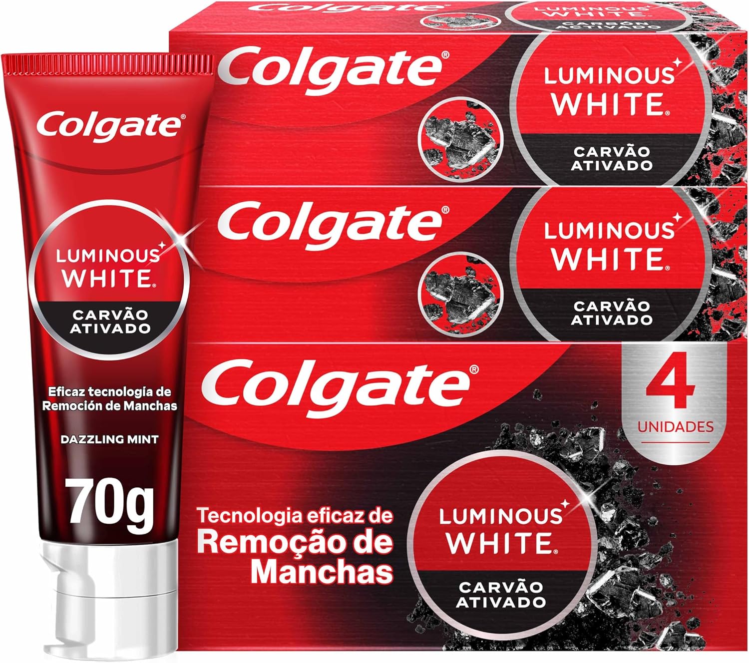 Colgate Luminous White Carvão Ativado Creme Dental Clareador, 4x70g