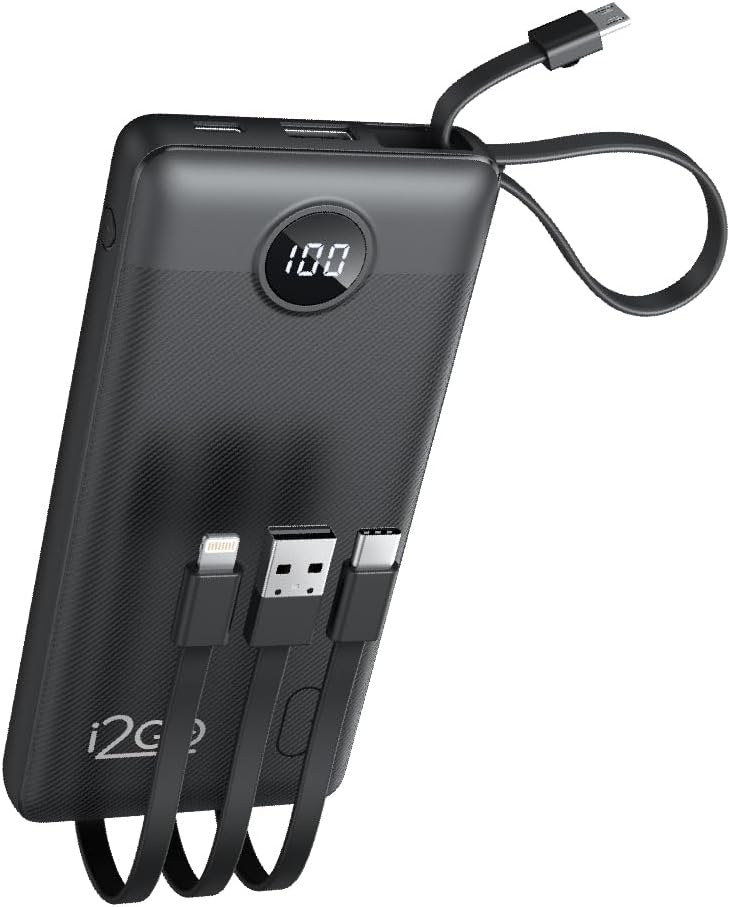 🔥I2GO, Carregador Portátil (Power Bank), 10000mAh, 4 em 1 Com Cabos Acoplados (Micro USB,