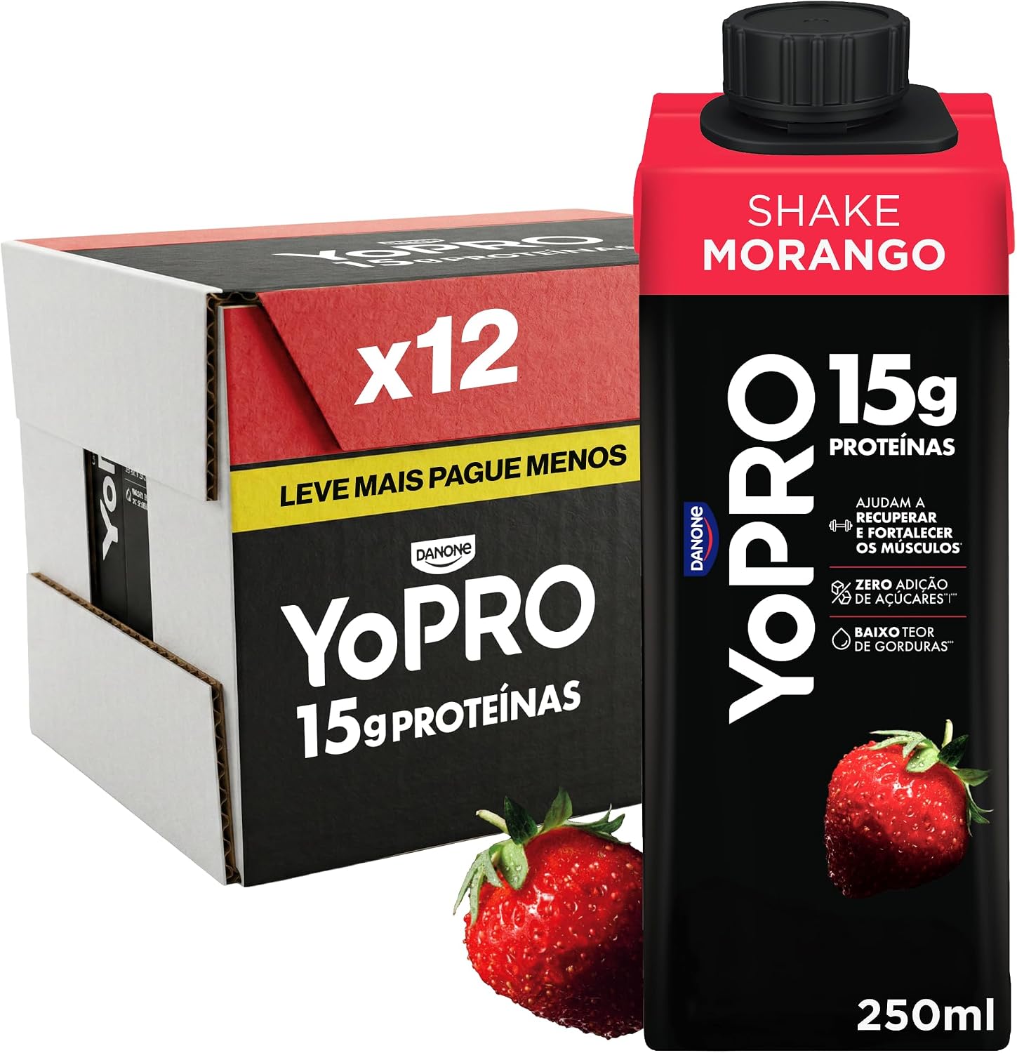 YoPRO Bebida Láctea UHT Morango – 15g de Proteínas, Líquido, Caixinha Tetra Pak 250ml (Pac