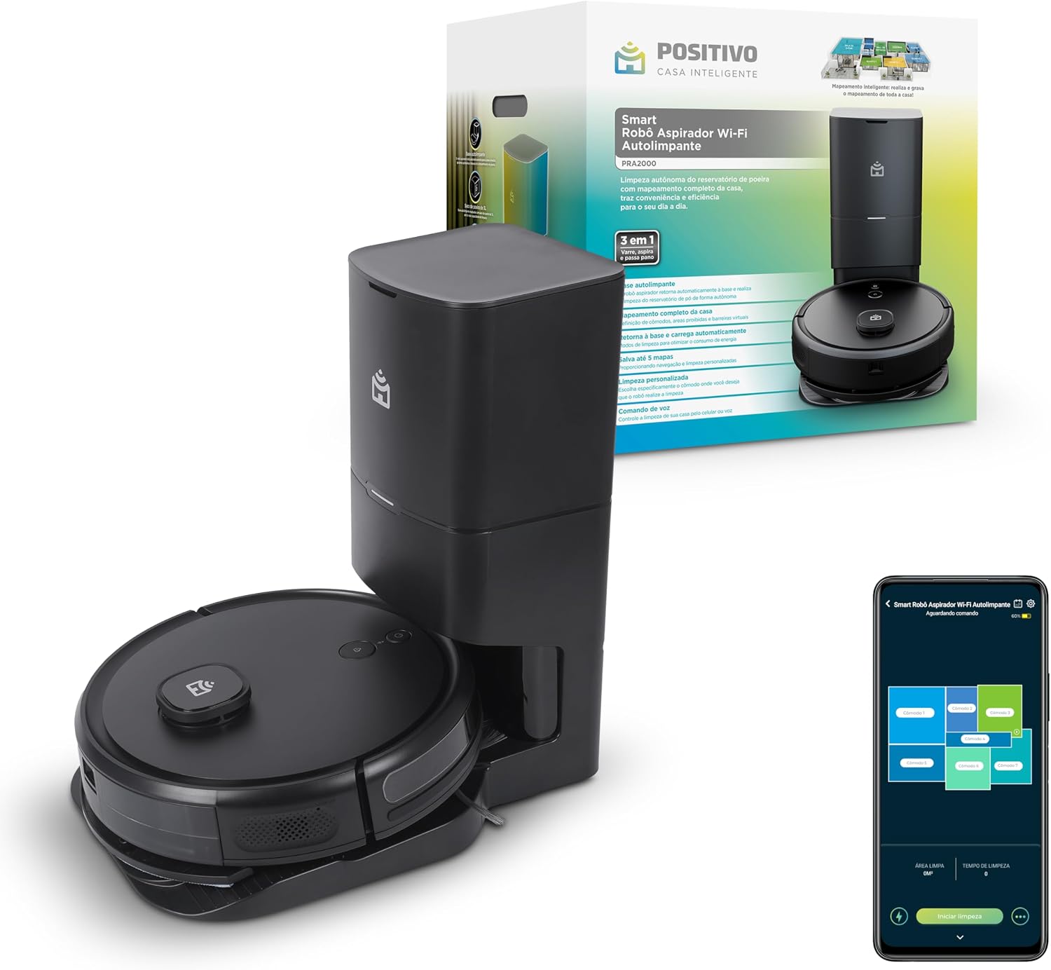 Smart Robô Aspirador Wi-Fi Autolimpante PRA2000 Positivo Casa Inteligente, 3 em 1 Varre, A