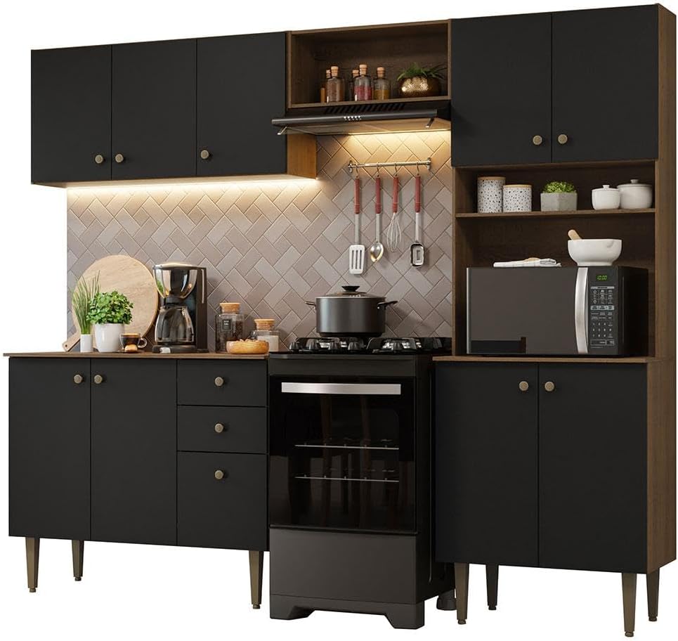 Armário de Cozinha Compacta 235cm Rustic/preto Gourmet Madesa 01