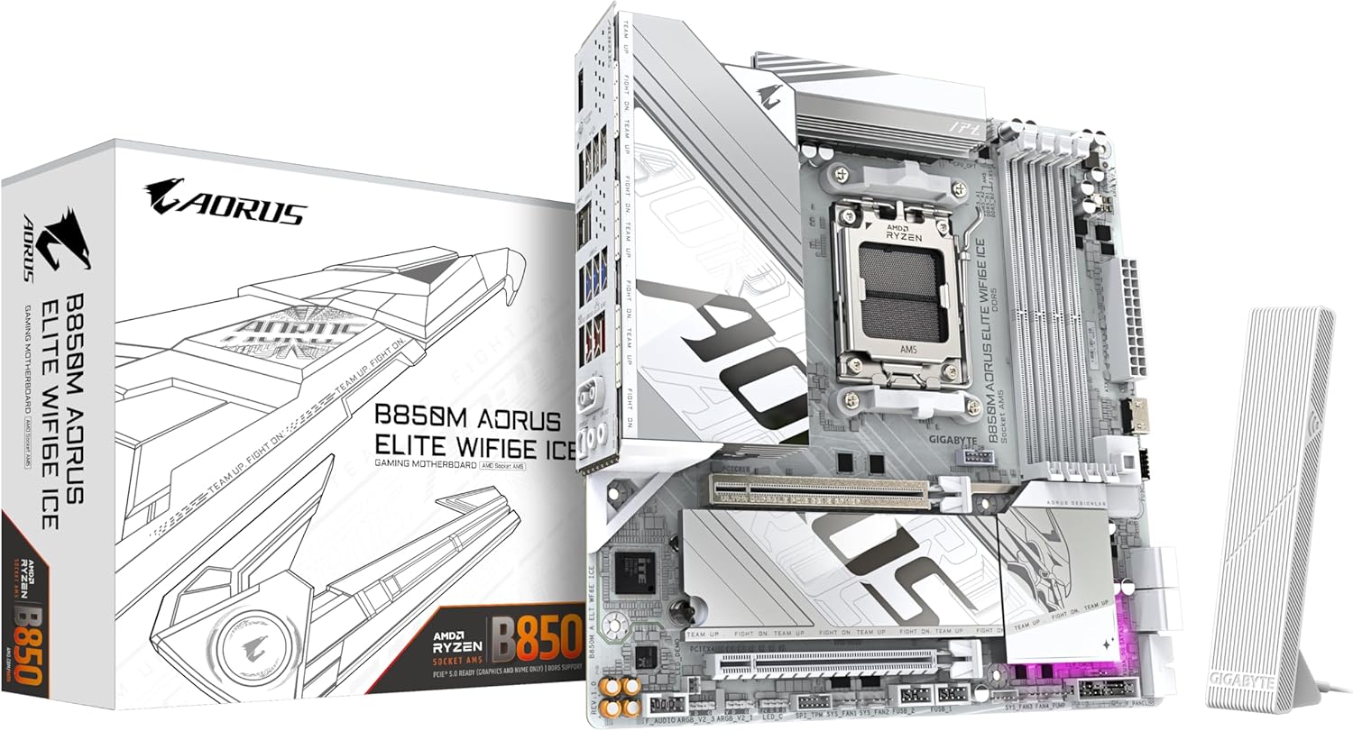 Gigabyte B850M AORUS ELITE ICE WIFI6E Placa-Mãe Micro-ATX, Socket AM5, DDR5, para AMD Ryze