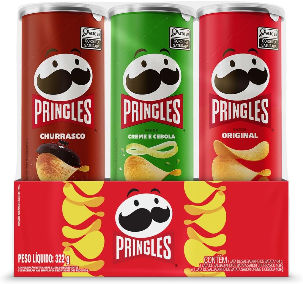 Pringles Pack Promo Salgadinho de Batata Frita 3 Sabores - Original, Creme e Cebola e Chur