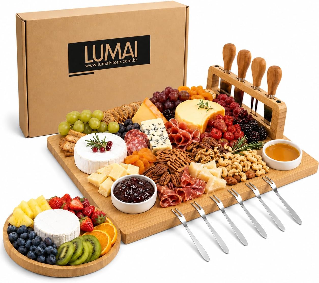 LUMAI Kit Tábua de Frios Bambu Premium e Petisqueira com Polimento Duplo