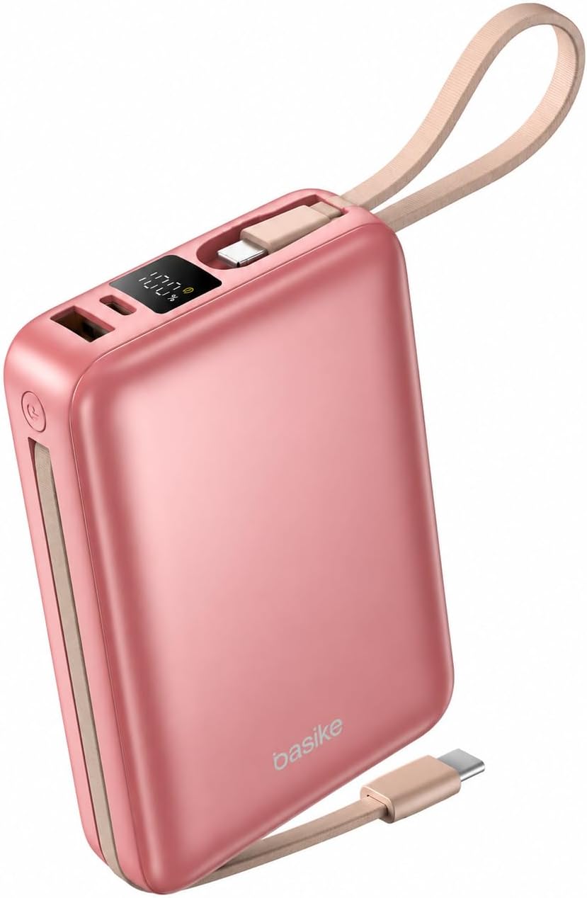 Basike Carregador Portátil, Power Bank 20000mAh com Cabos Integrados(Rosa)