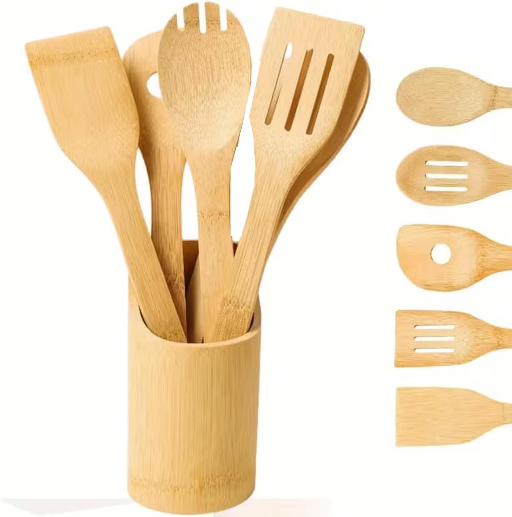 Kit Utensílios de Cozinha Bambu 5 Peça c/Suporte