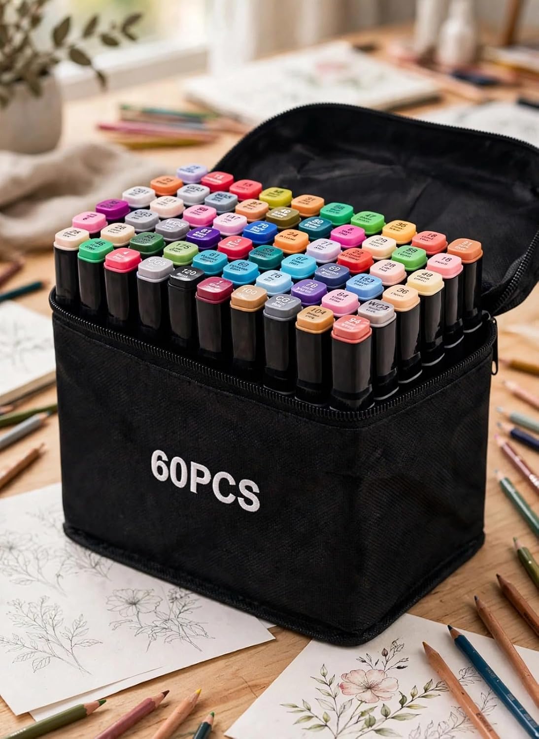 Kit de 60 Canetas Marcador Permanente Ponta Dupla Coloridas