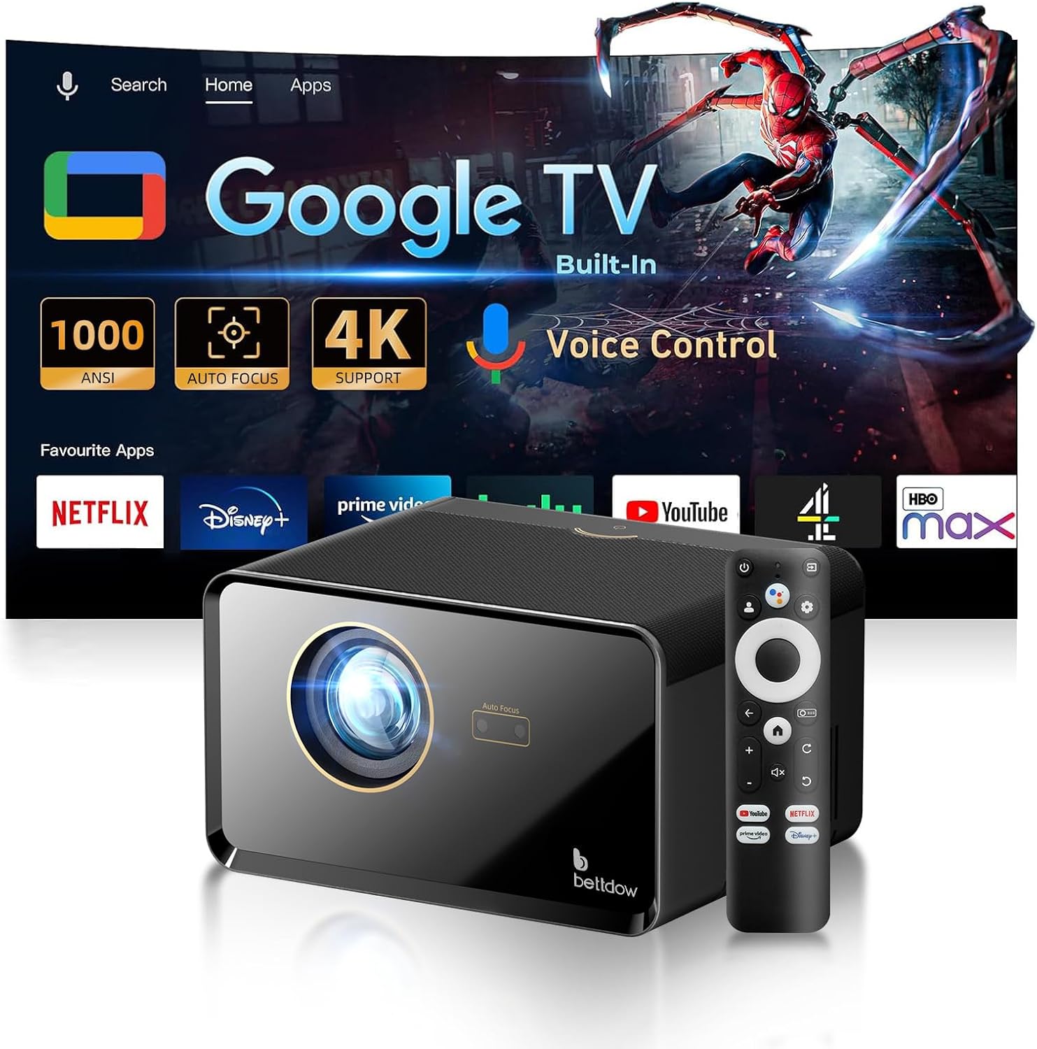 Projetor Bettdow AC1080, Full HD 1080p, 1000 ANSI Lúmens, Google TV, Wi-Fi, Bluetooth, Foc