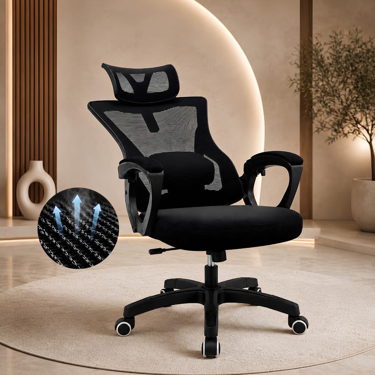 Cadeira Ergonômica de Escritório Blackninja Presidente com Apoio de Cabeça e Lombar - Tela