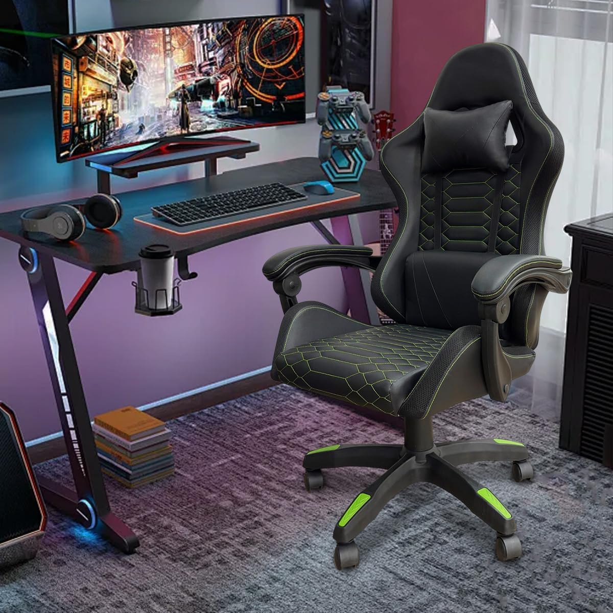 Cadeira Gamer Ergonômica com Estrutura Reforçada, Reclinação 90°-150°, Apoio de Braço Sinc