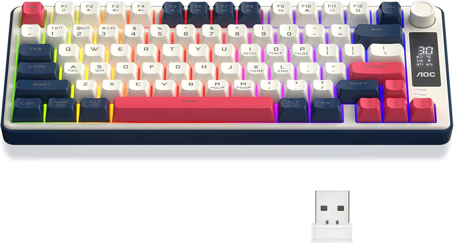 🔥AOC GK280 Teclado sem fio 70%, Bluetooth Trimodo /2.4 GHz/USB-C, Teclado Gamer RGB LED R