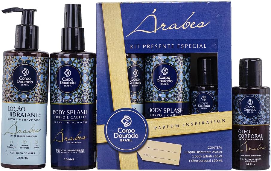 Kit Presente Árabe Corpo Dourado Parfum Inspiration Body Splash 250ml Loção Hidratante 250