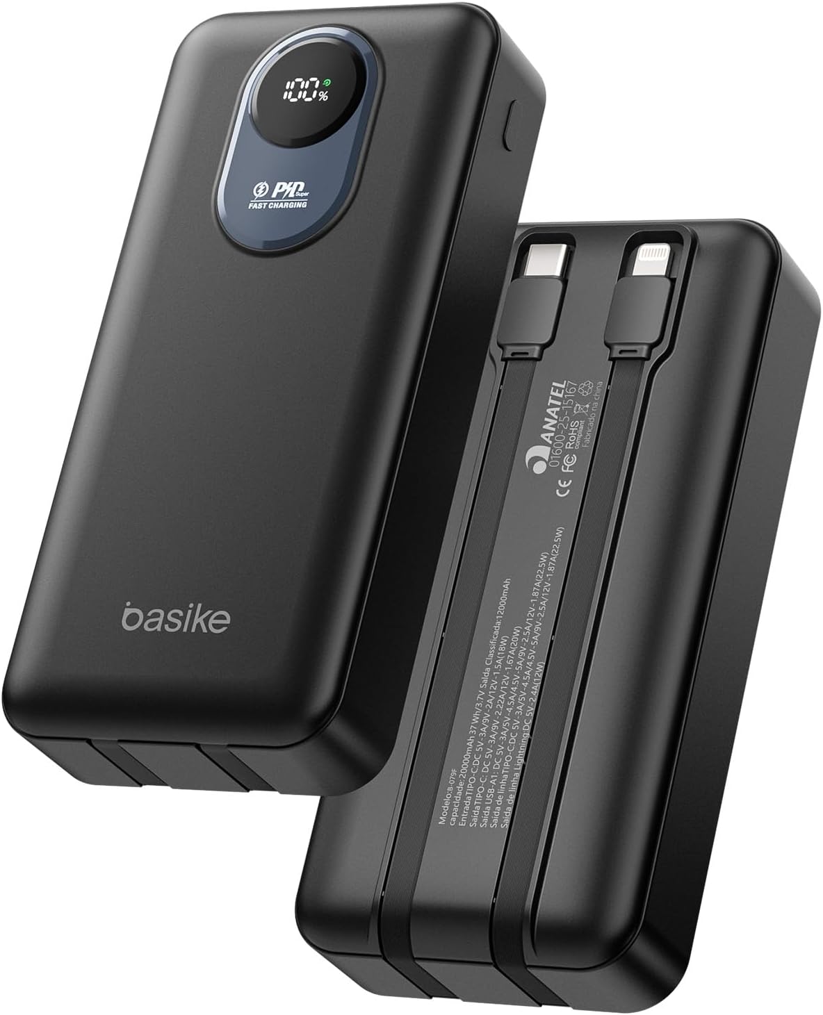 Basike Power Bank 20000mAh, Carregador Portátil, 2 Cabos Integrados