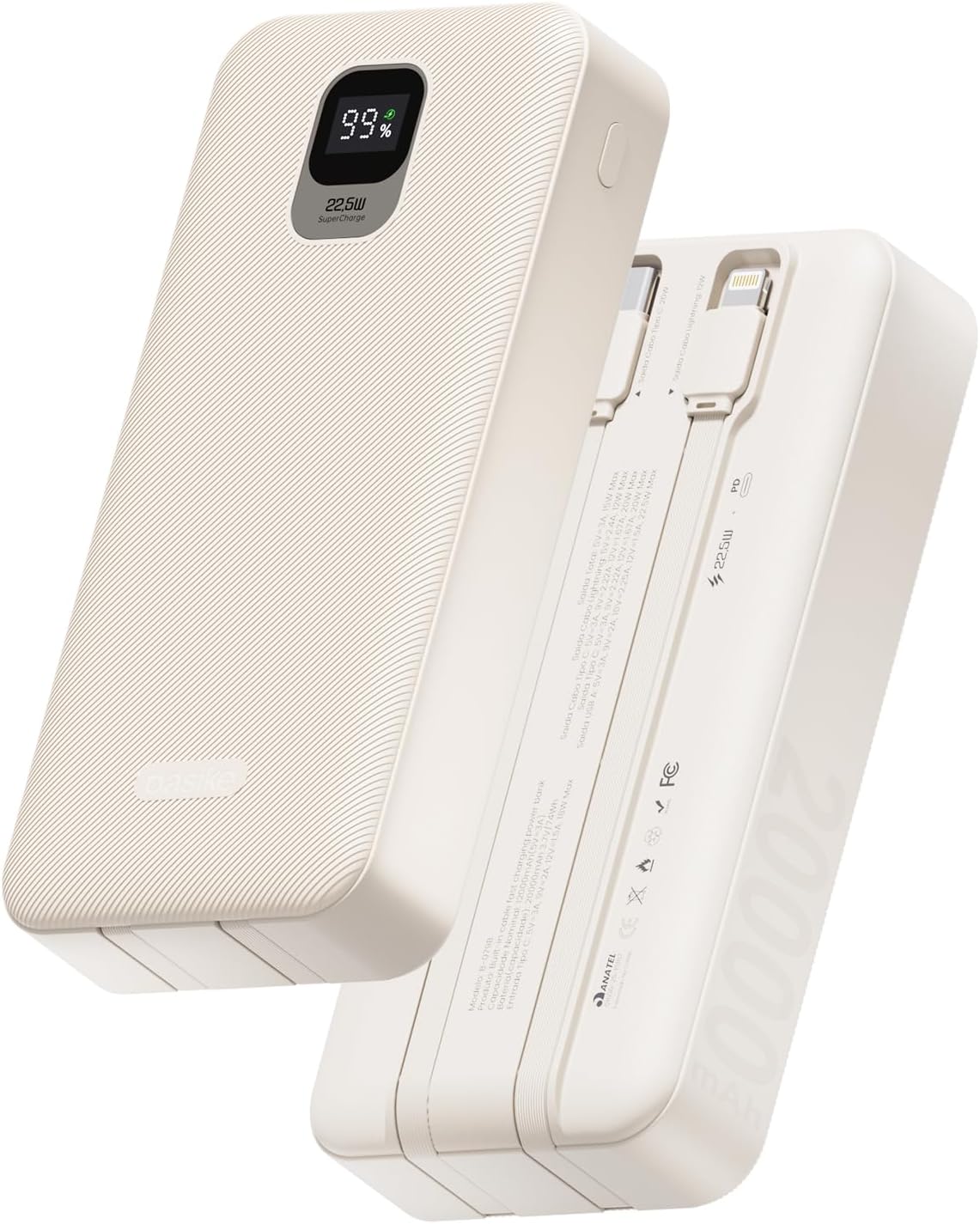 Basike Power Bank 20000mAh, Carregamento Rápido 22,5W, 2 Cabos Integrados
