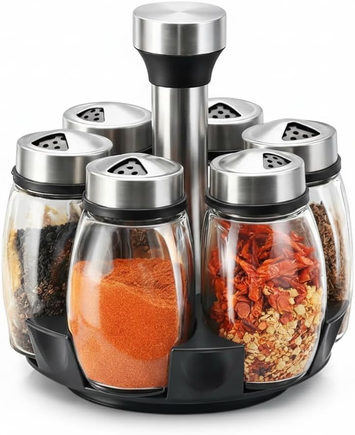 Kit com 6 Potes de Vidro, Temperos com Tampa Inox e Suporte Giratório