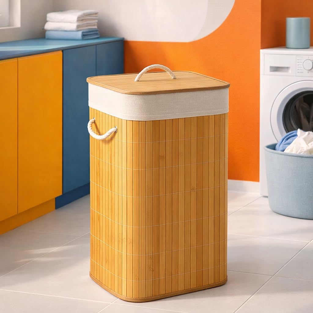 Cesto de Roupas em Bambu 60L com Tampa e Alças