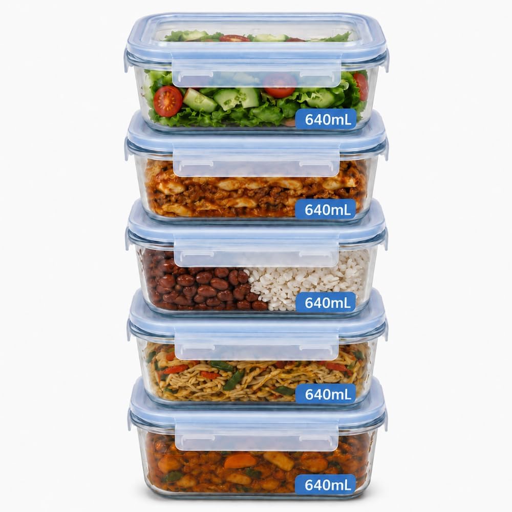 Kit 5 Potes de Vidro Herméticos 640ml com 4 Travas Ideal para Marmitas e Conservação de Al