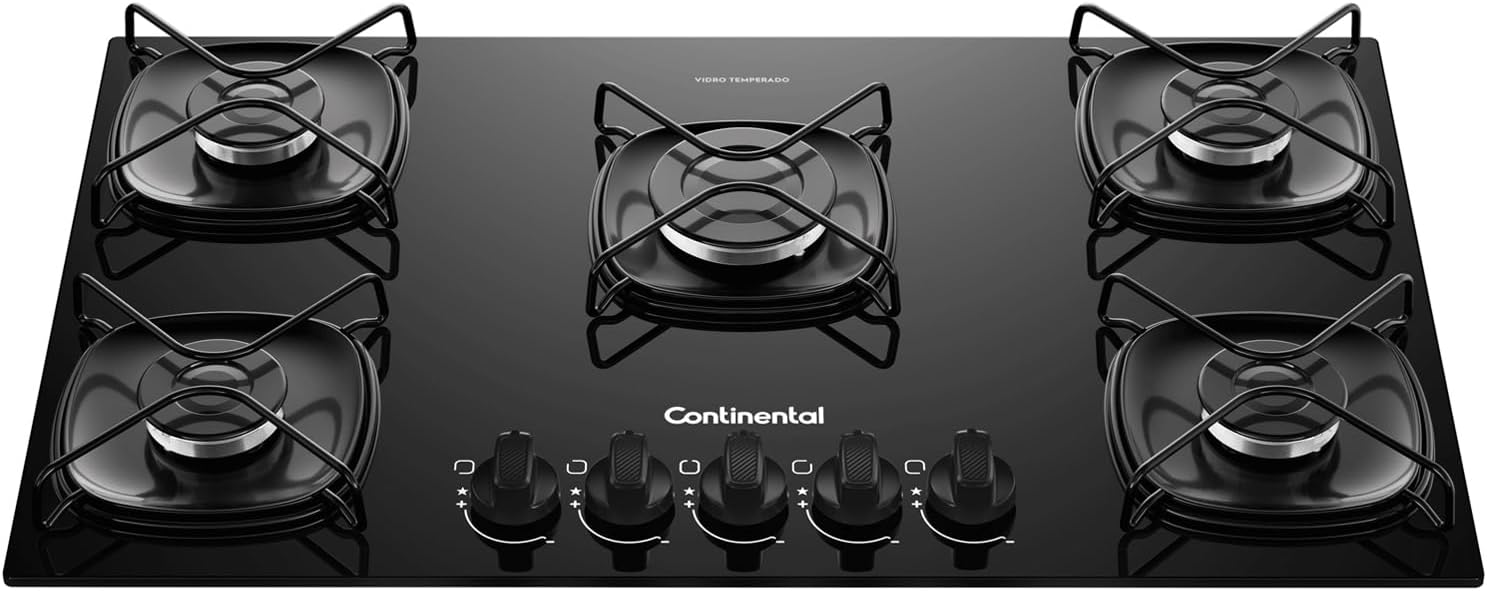 Cooktop 5 Bocas a Gás GLP Continental Mesa de Vidro Preto Acendimento Automático