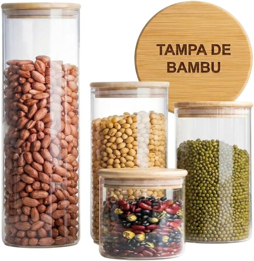 Kit 4 Potes Herméticos de Vidro Redondos com Tampa de Bambu
