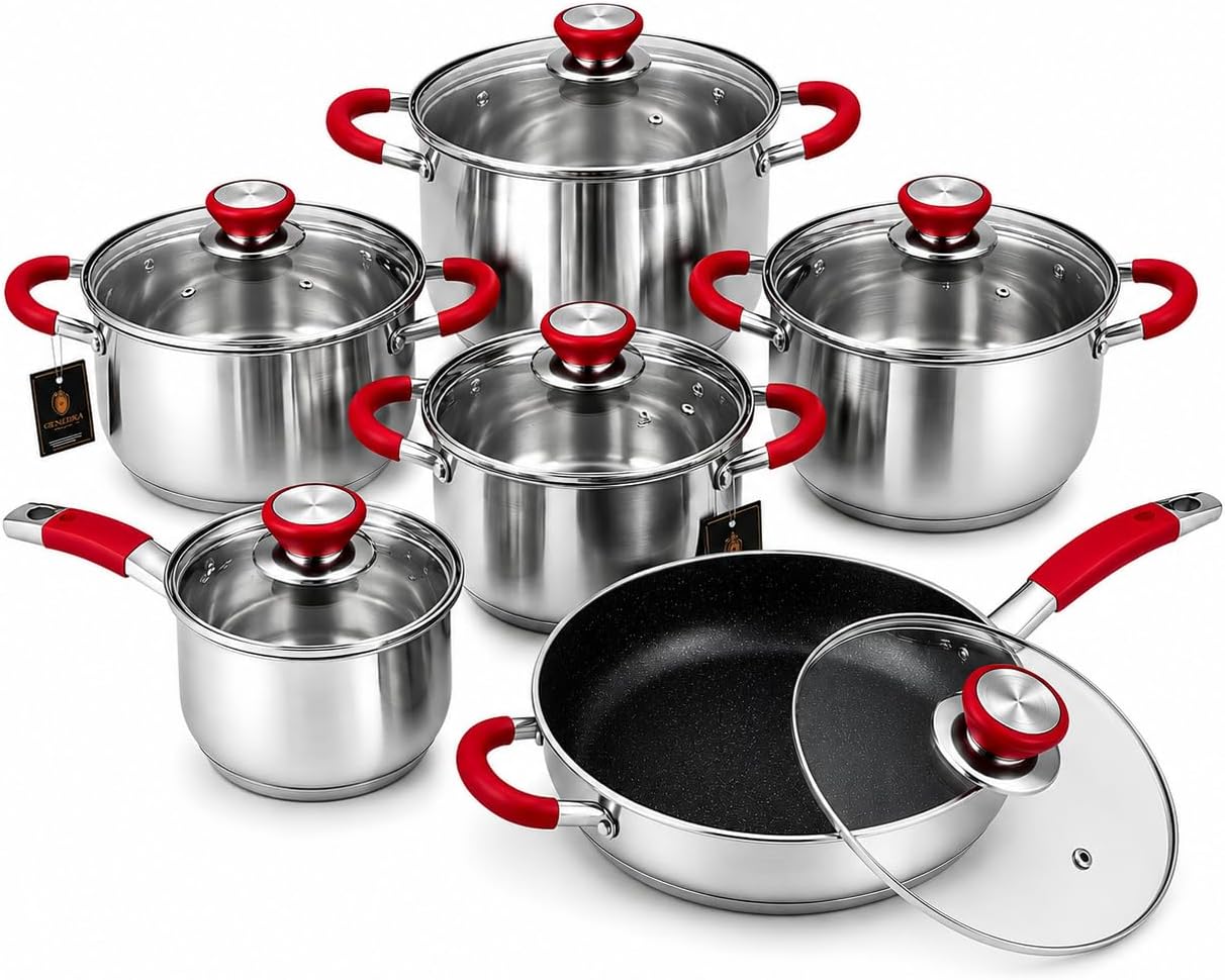 Jogo Panelas Inox 12 Peças Indução Fundo Triplo Com Frigideira Cerâmica Pegadores Silicone