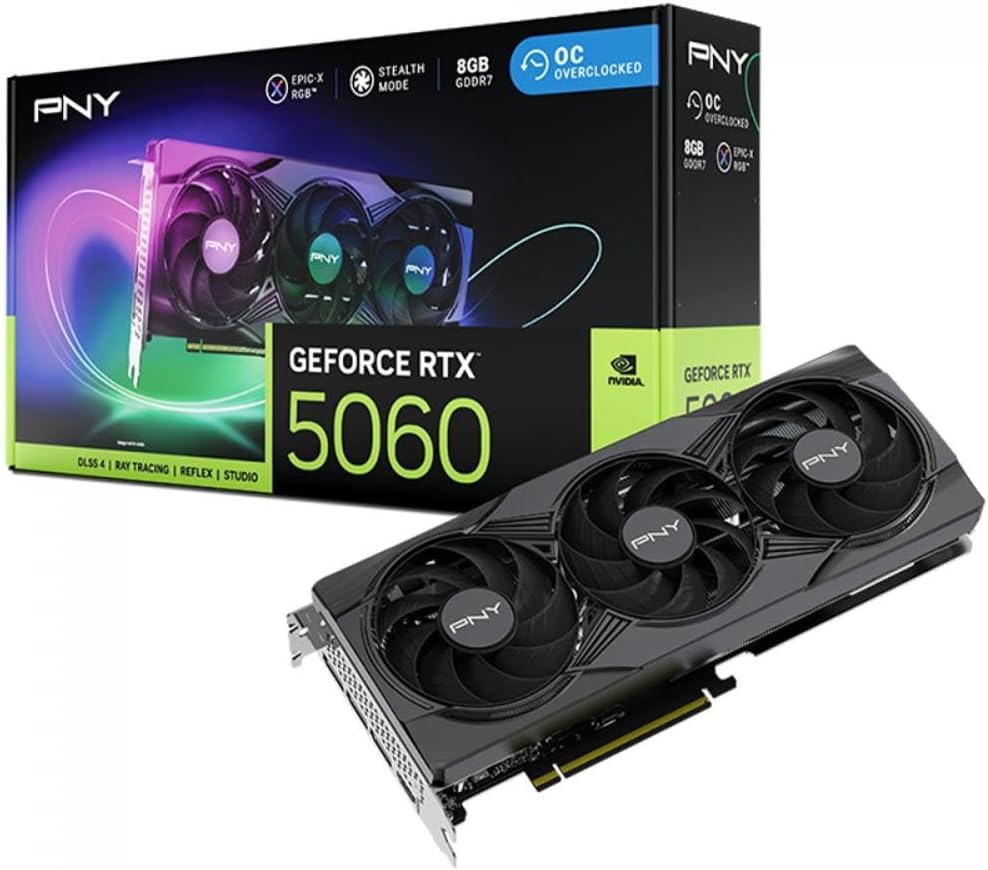 Placa de Vídeo Pny Nvidia Geforce Rtx 5060 Epic-x Rgb Oc Triple Fan, 8GB, Gddr7, Dlss, Ray