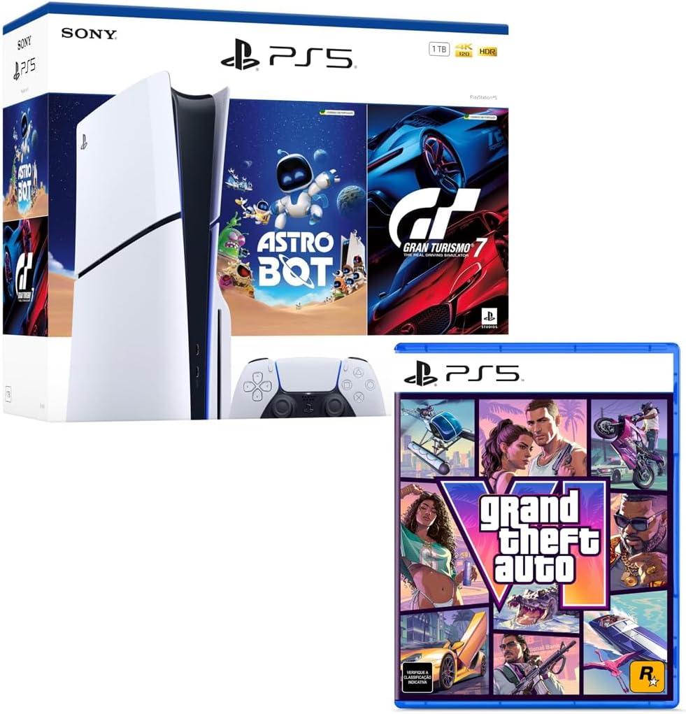 Bundle GTA VI + PlayStation 5 Slim Disk Pacote Astro Bot e Gran Turismo 7
