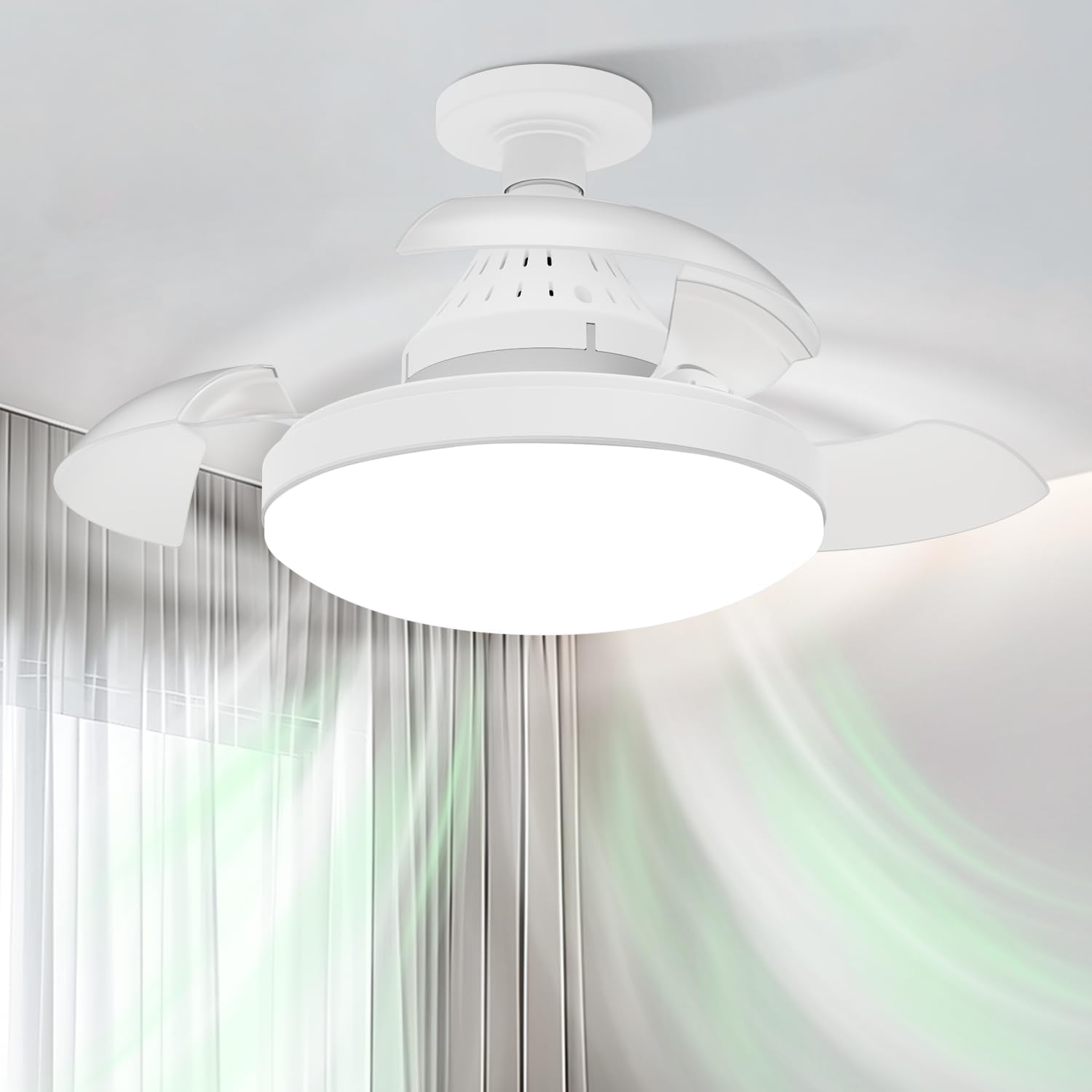 Ventila o ambiente sem ocupar chão, com controle na mão