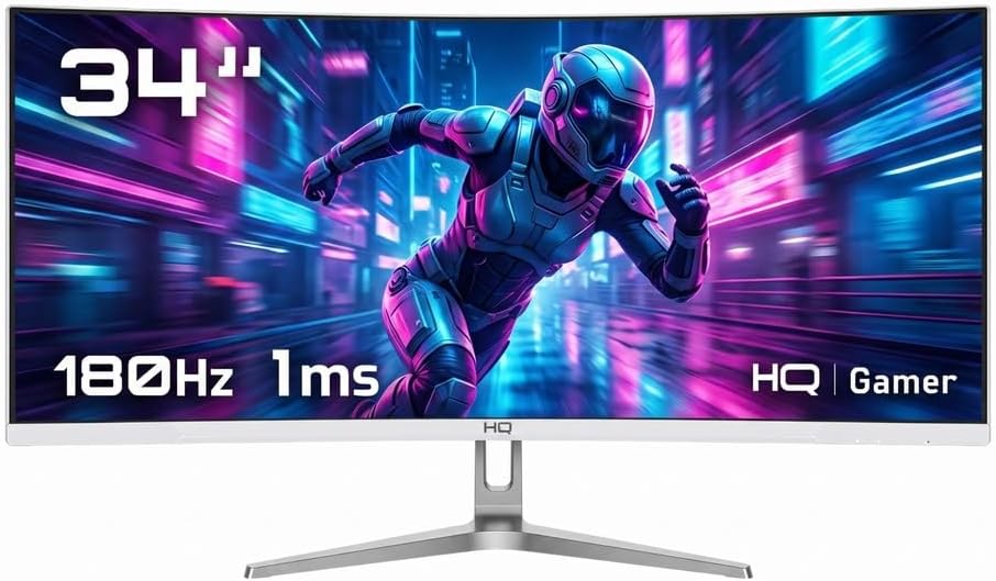 🔥 Monitor Gamer HQ 34" Branco Curvo 1ms, 180Hz, UltraWide (QHD) - 3440x1440 AMD FreeSync,