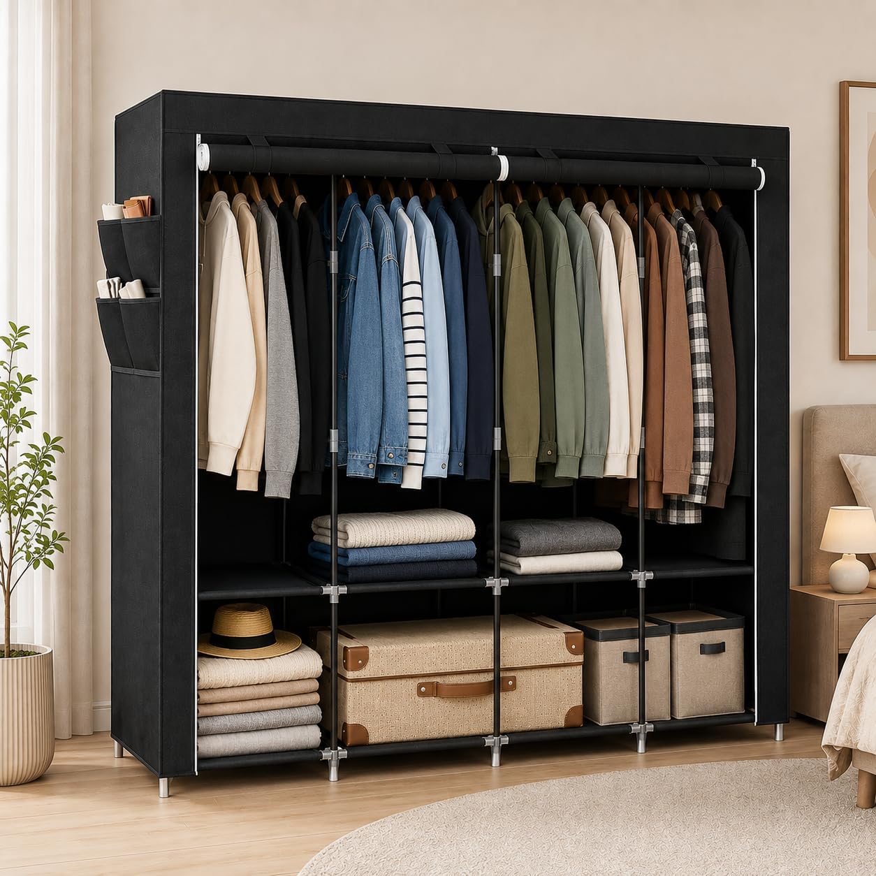 Guarda-Roupa Portátil com Capa de Tecido, Cabideiro, Prateleiras e Bolsos Laterais
