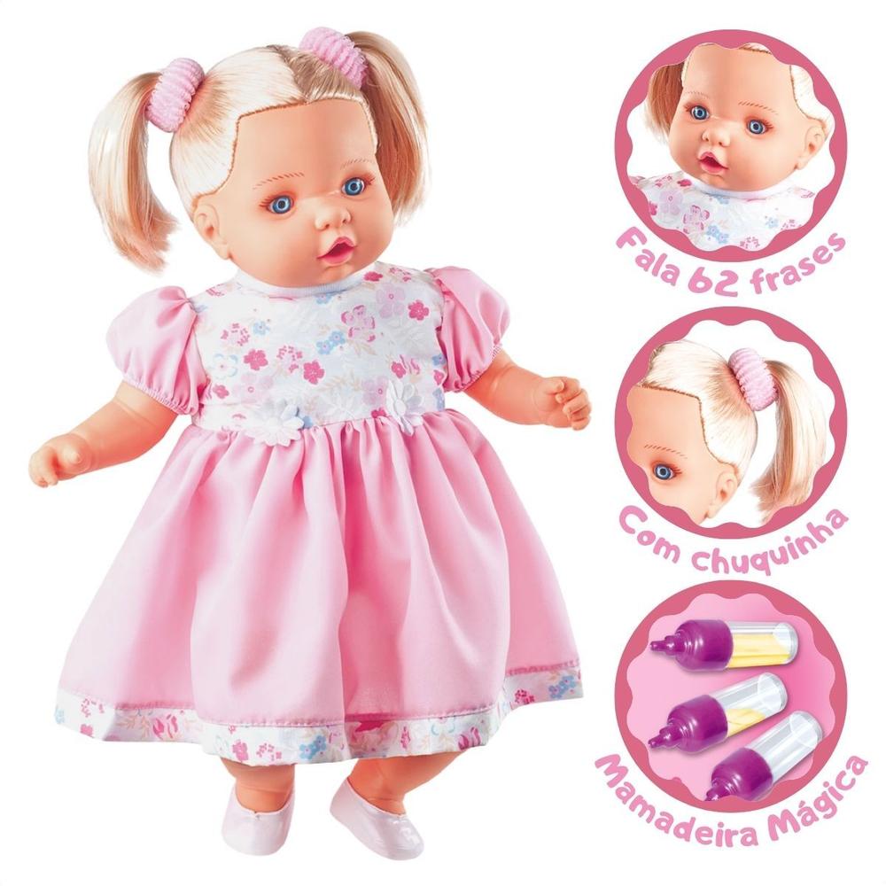 Boneca Angelina Grande Fala 62 Frases Com Mamadeira Mágica Infantil Menina - Milk Brinqued