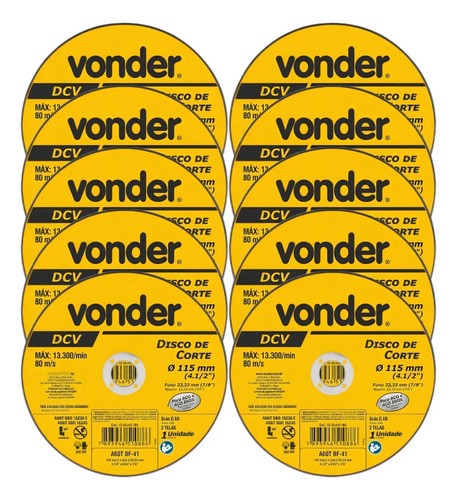 10un Disco De Corte Inox Fino 115mm Vonder P/ Esmerilhadeira Amarelo