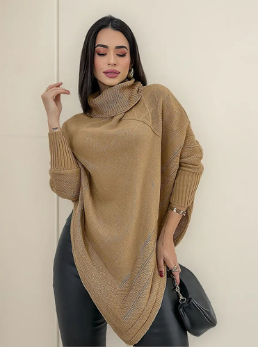 Blusa Poncho Tricot Assimétrico Alongado Manga Longa Suéter