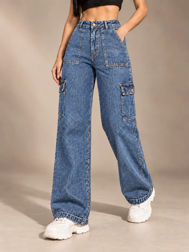 Calça Cargo Wide Leg Jeans Feminina Cintura Alta Bolsos