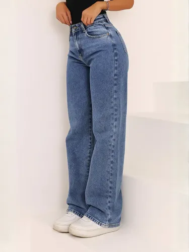 Calça Jeans Wide Leg Feminina Cintura Alta Pantalona Jeans Marmorizado Liso