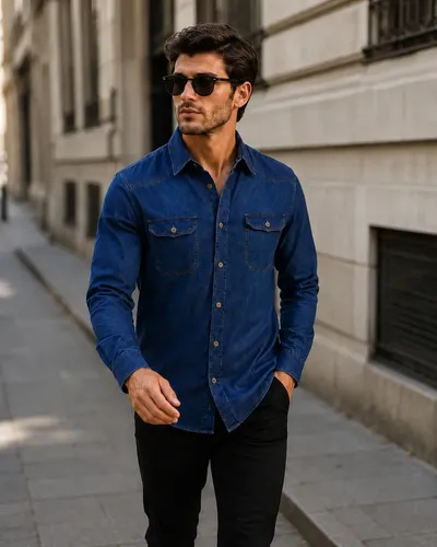 Camisa Jeans Masculina Social Slim Manga Longa