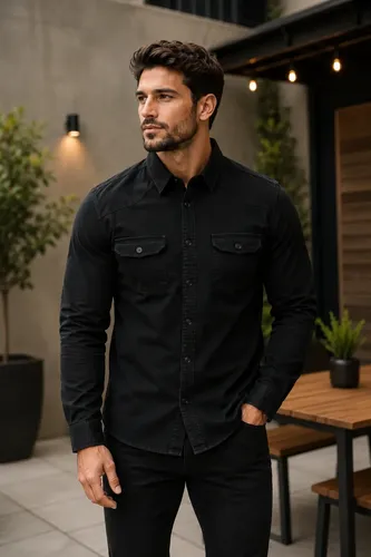 Camisa Jeans Social Masculina Manga Longa Slim