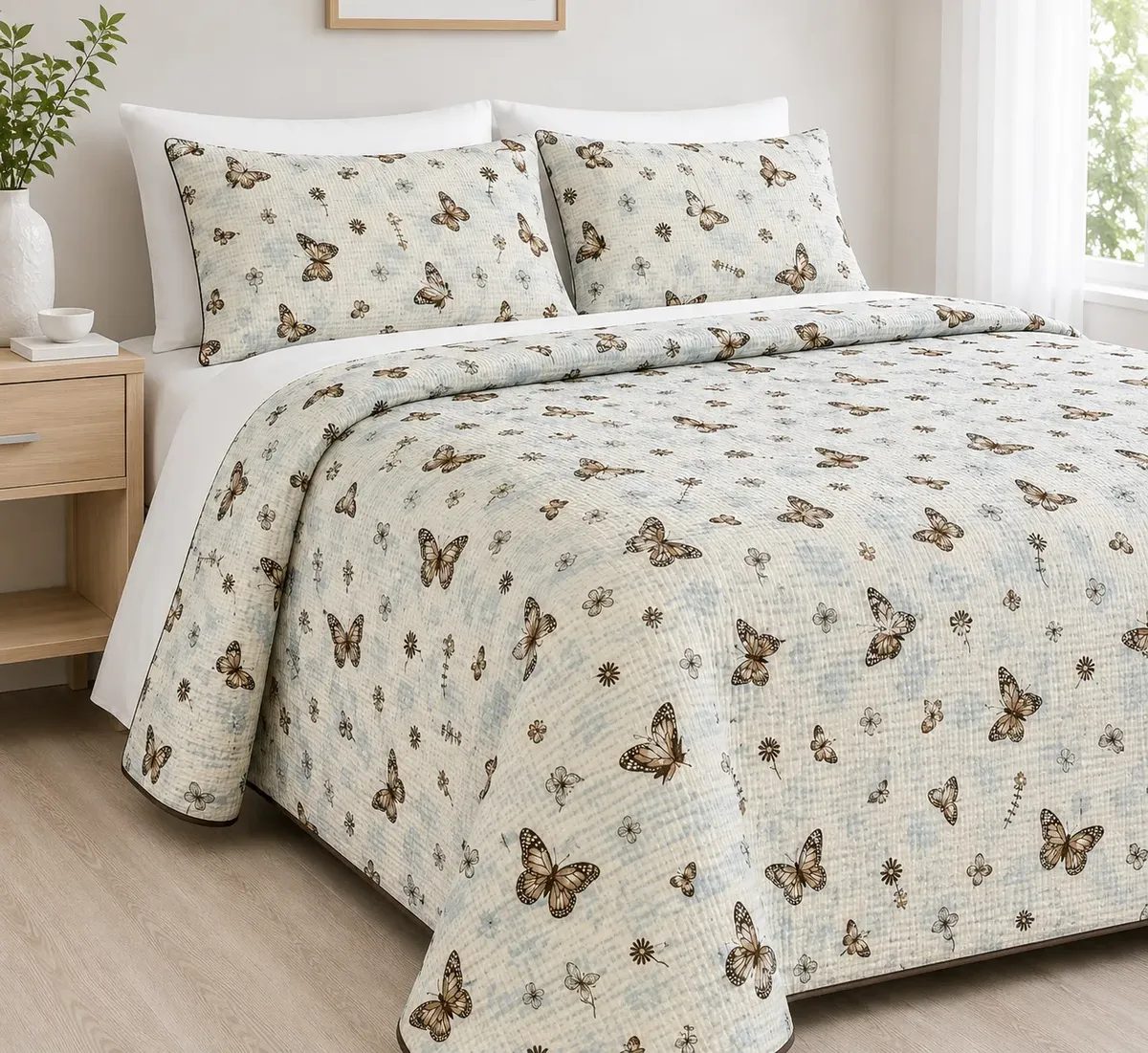 Colcha Piquet Cama Casal Queen Cobre Leito Com 3 Peças Borboleta Marrom