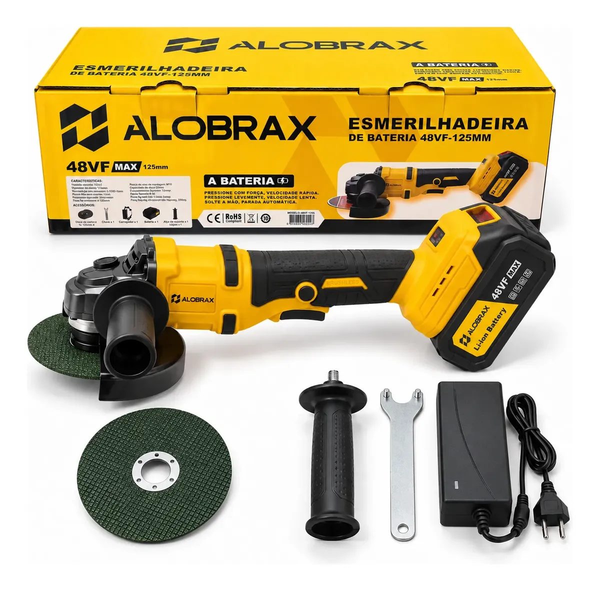 Esmerilhadeira Angular Sem Fio 48vf 125mm Brushless 2 Discos Amarelo 48v 50/60 Hz