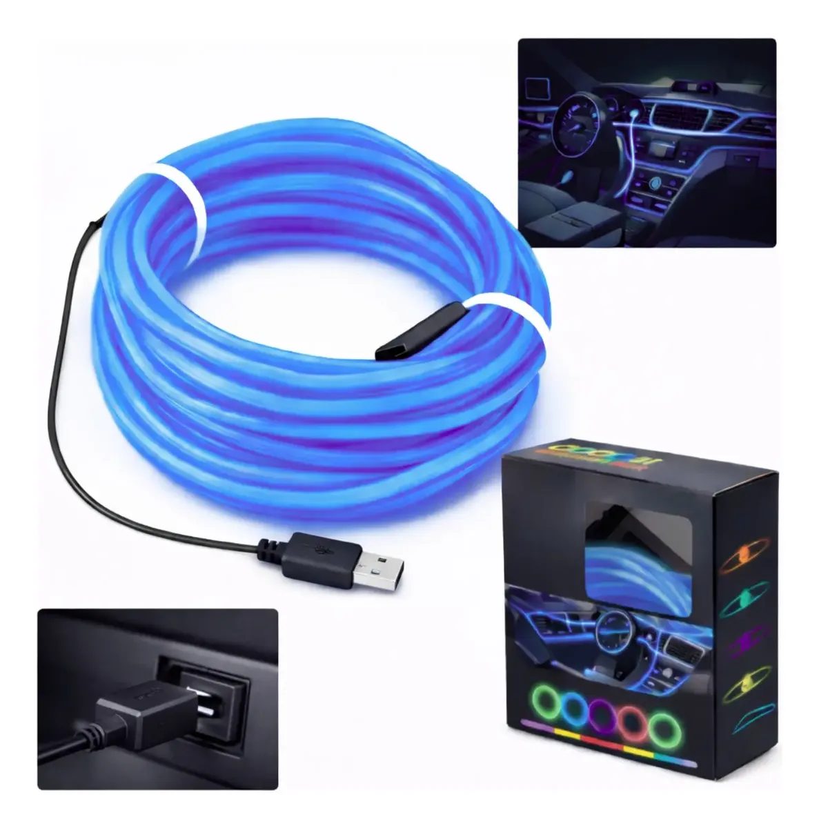 Fita De Led Neon Painel Carro 12v Usb Cigarro 3/5m Rgb Cores